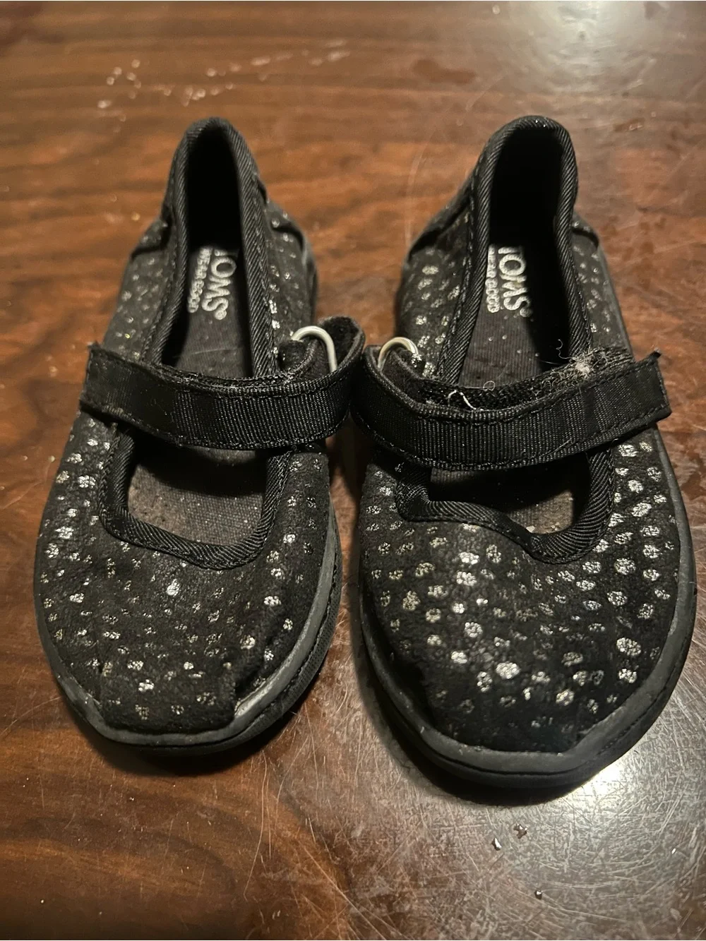 TOMS Kids Black Sparkle Hook-and-Loop Mary Janes